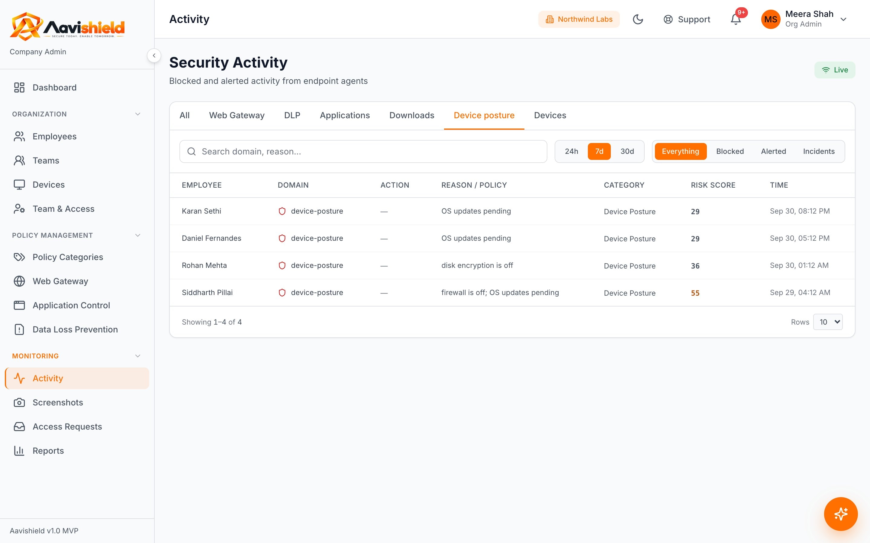 Activity feed of device posture alerts such as firewall off and OS updates pending