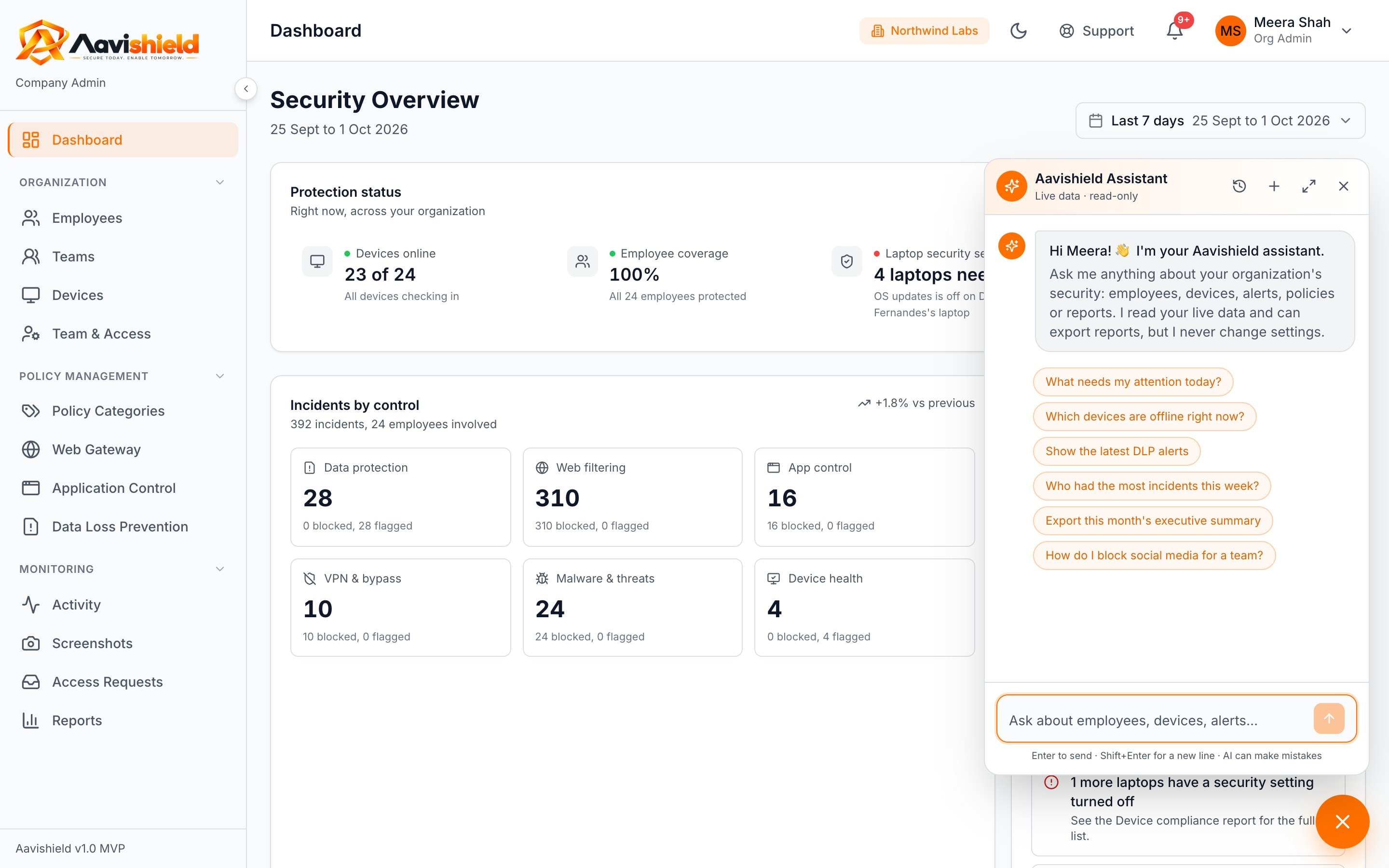 The Aavishield assistant answering questions about devices, alerts and reports from live data