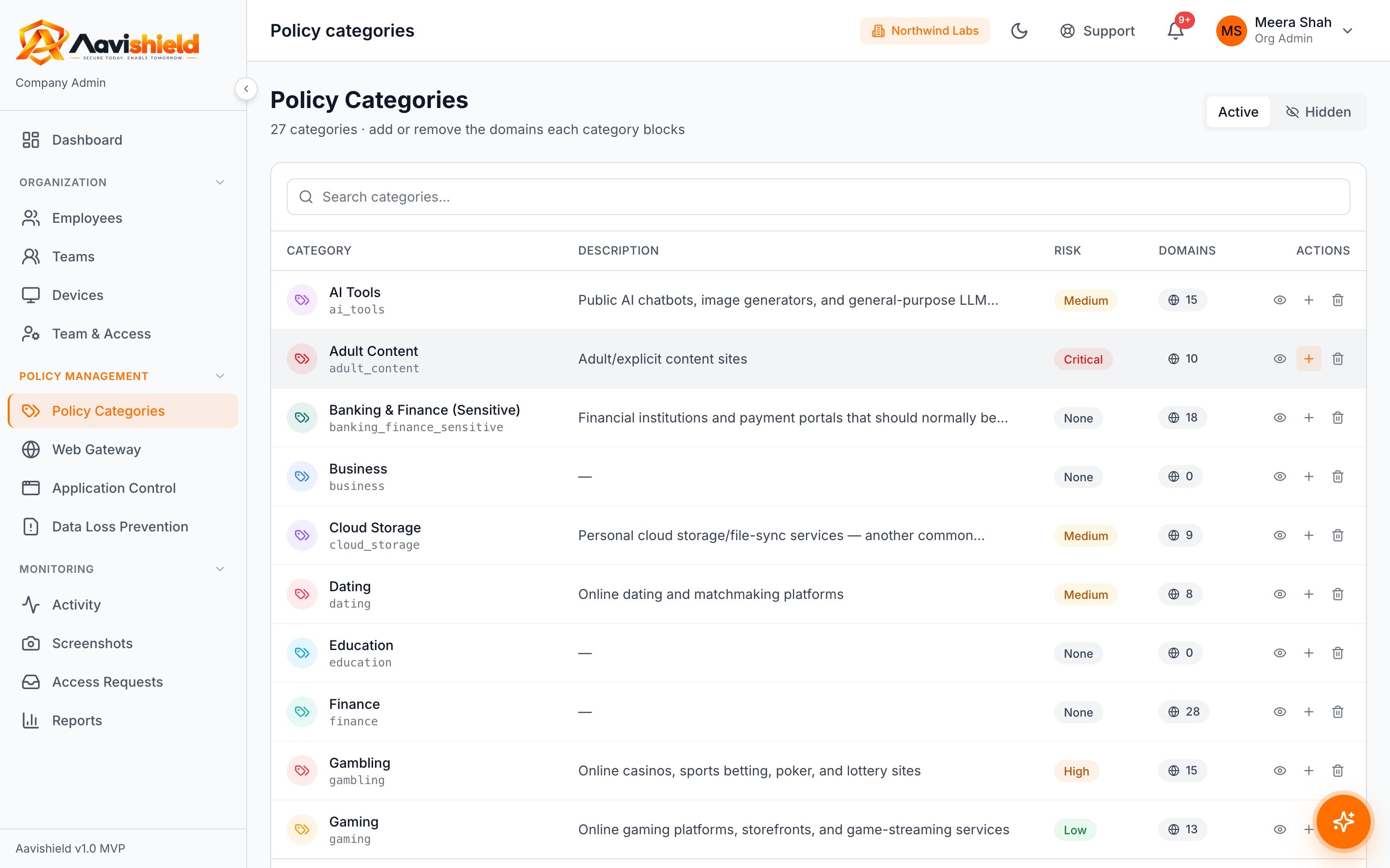 Policy categories such as AI tools, gambling and cloud storage with domain counts and risk
