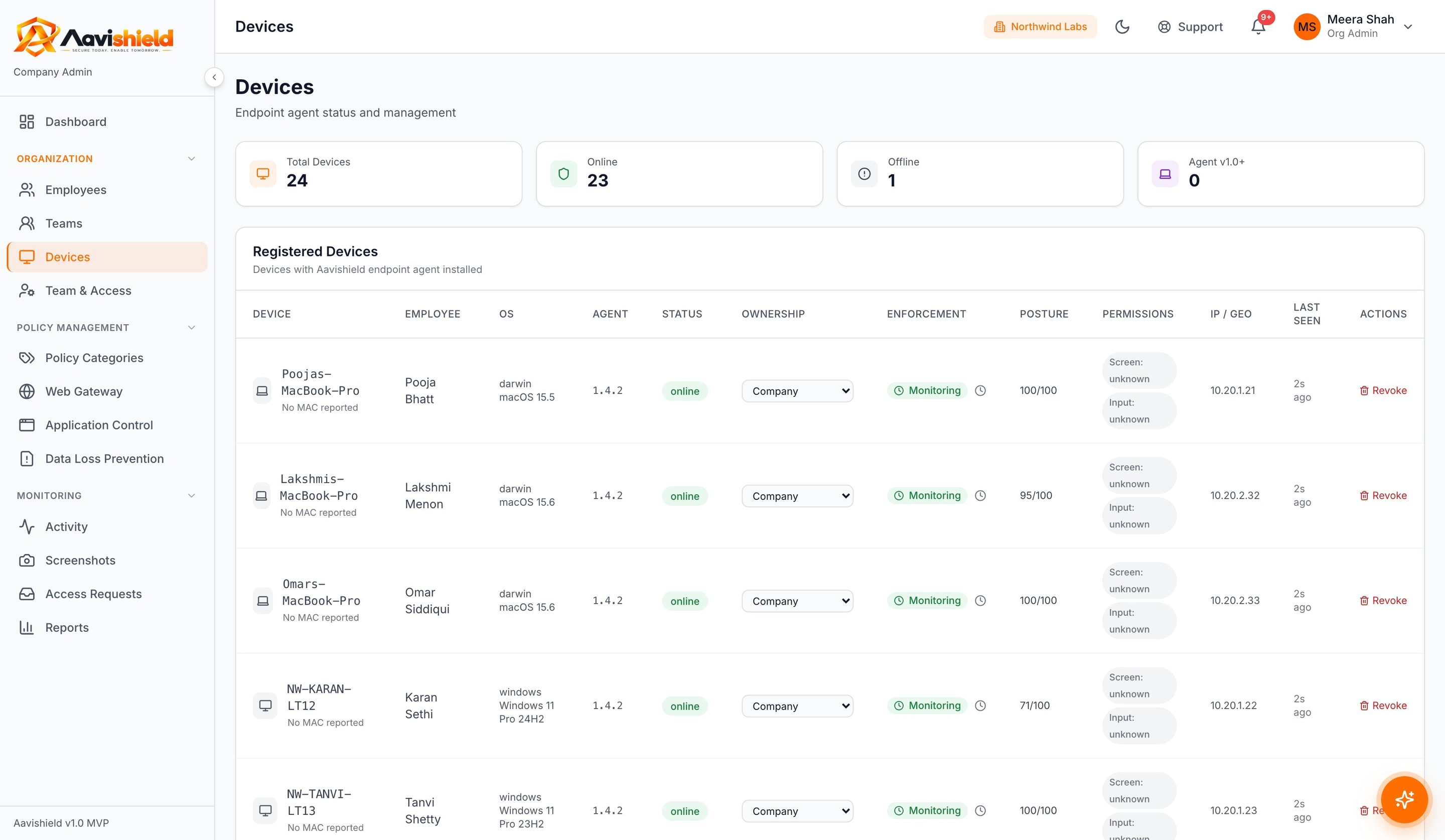 Device inventory with operating system, agent version, status, enforcement and posture score