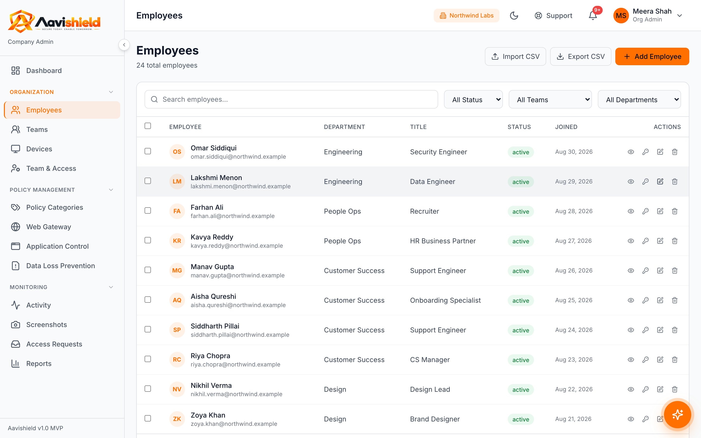 Employee directory with department, title, status and import or export to CSV