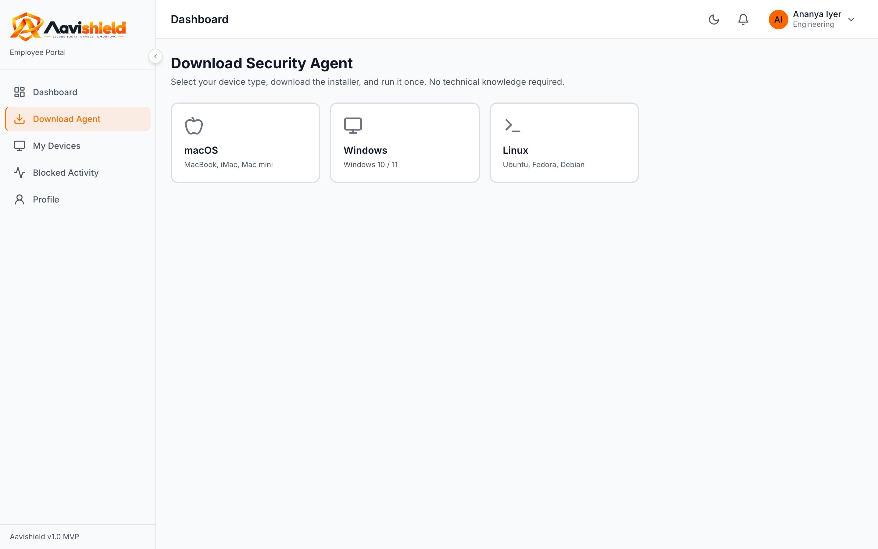 Employee portal download page with one-click installers for macOS, Windows and Linux