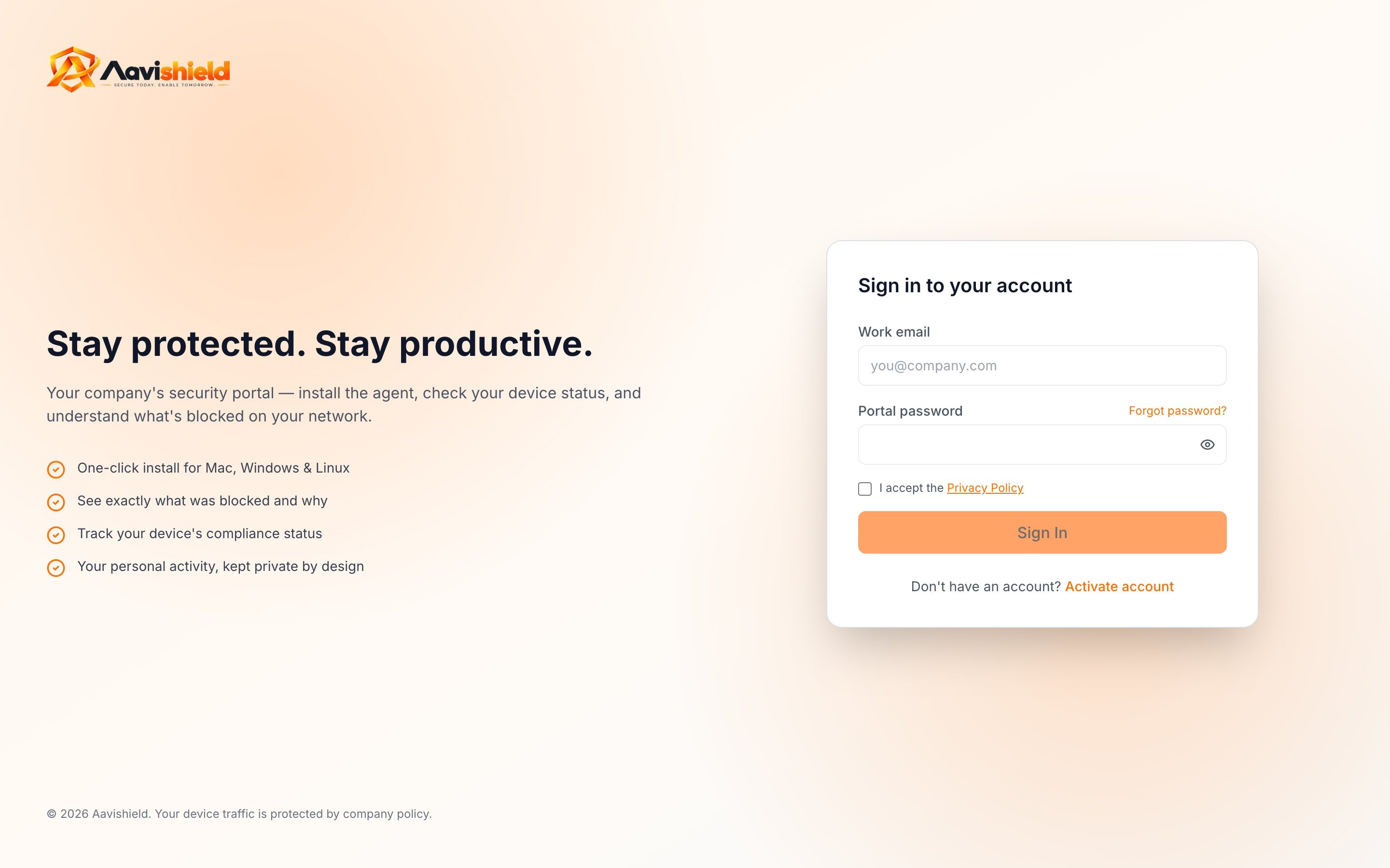 Aavishield employee portal sign-in page
