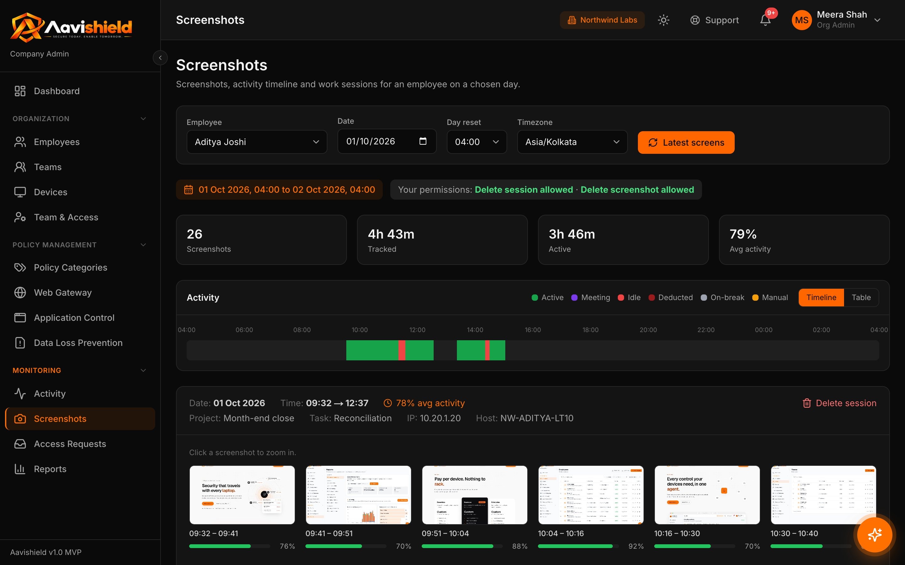 Activity monitoring timeline in dark mode