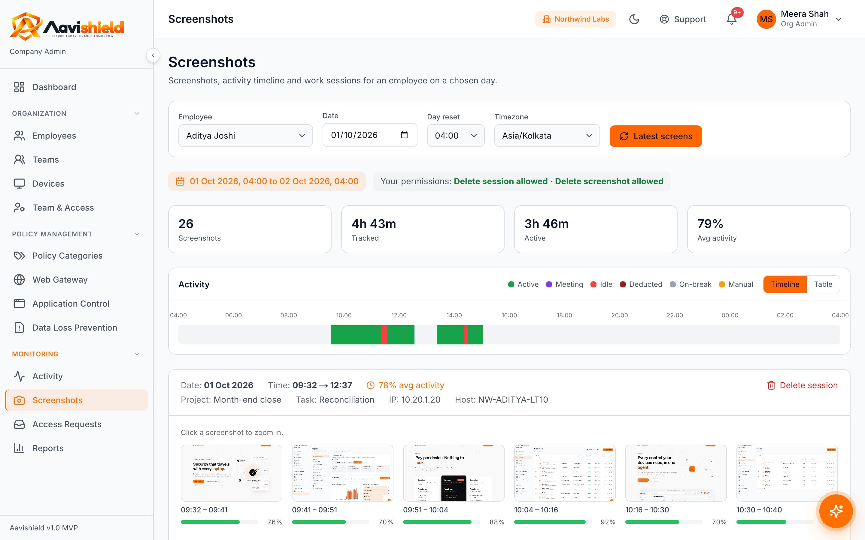 Activity monitoring: tracked and active time, activity timeline and periodic screenshots for one employee