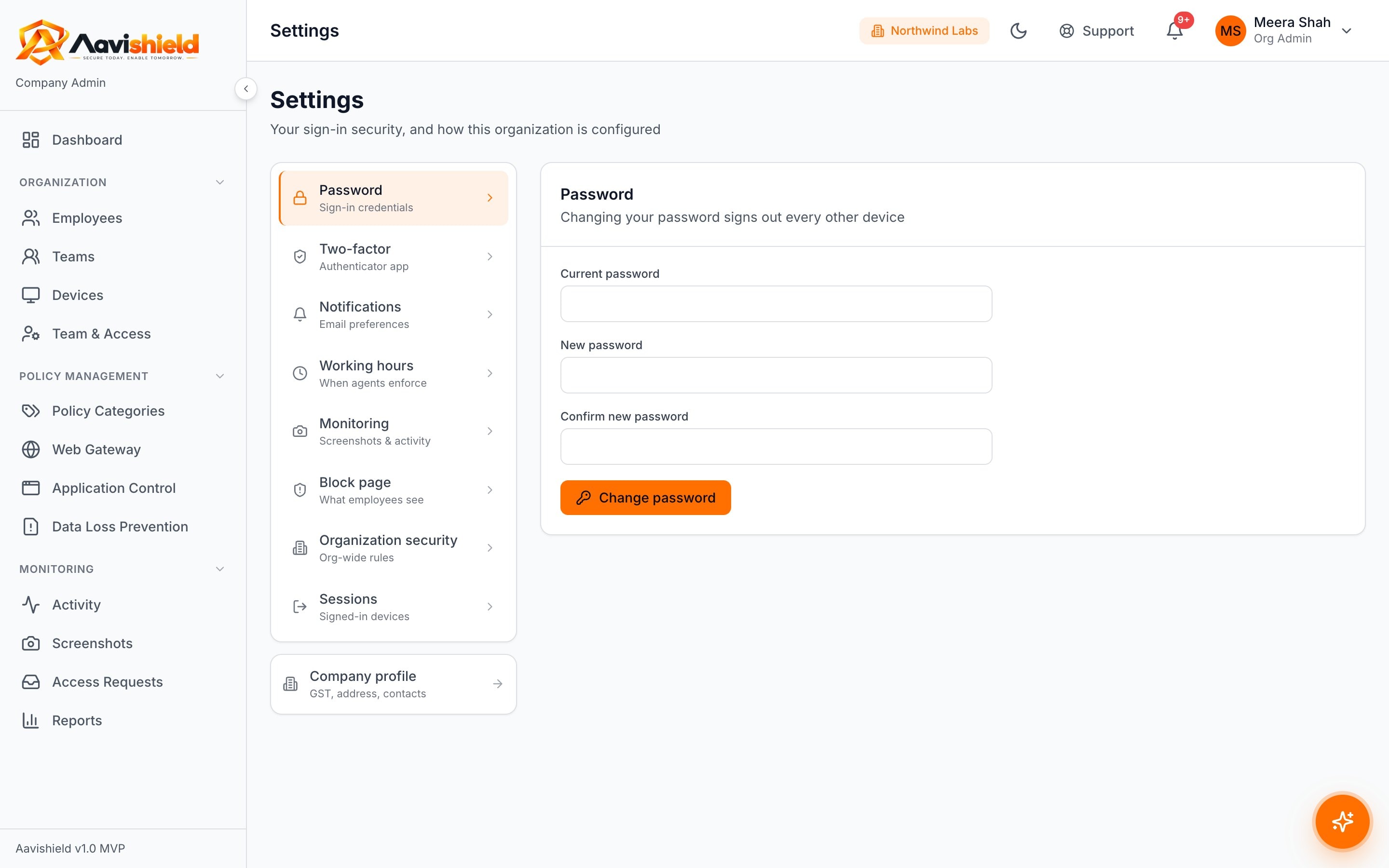 Organisation settings: password, two-factor, notifications, working hours and monitoring