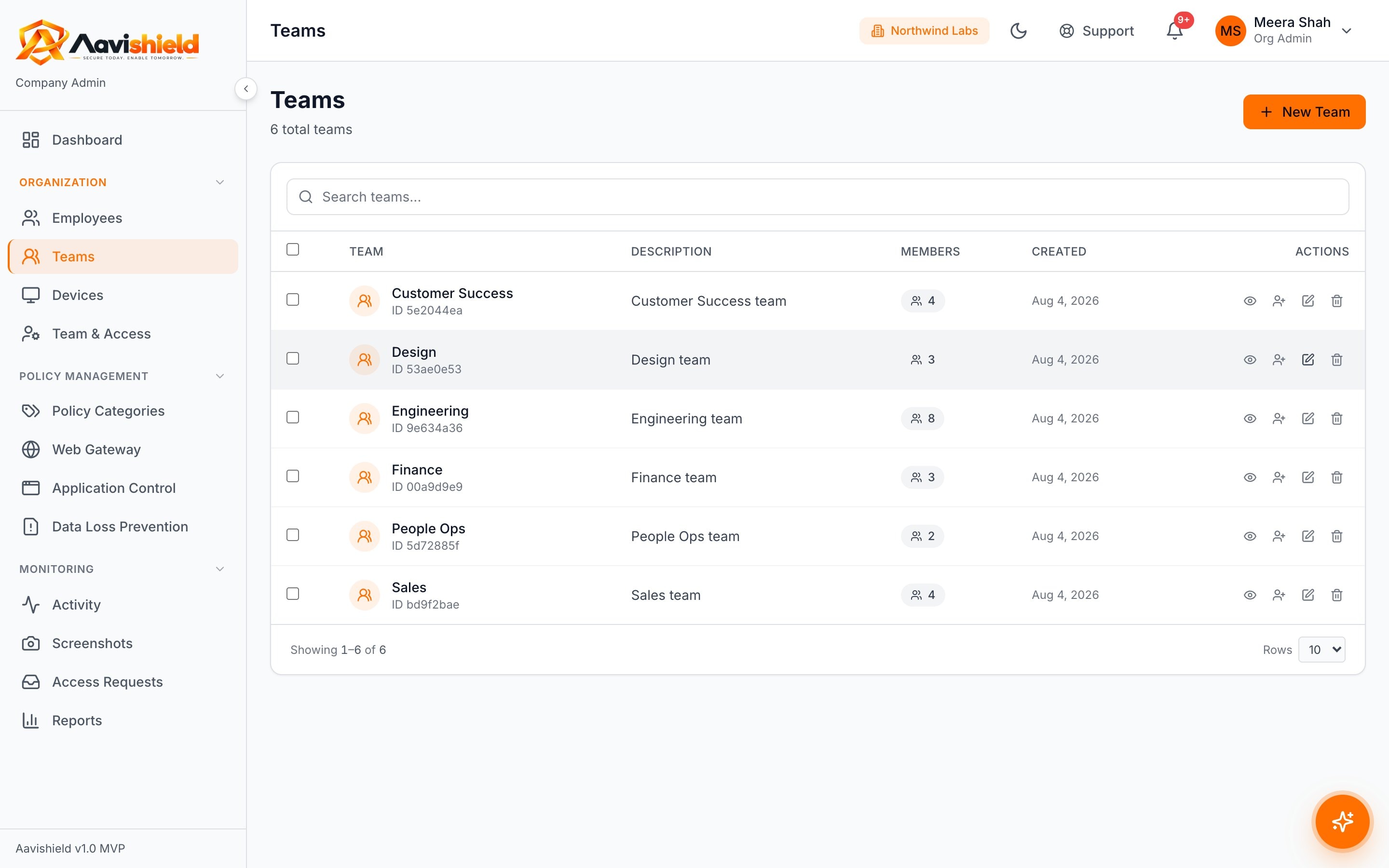 Teams list with member counts used to scope policies