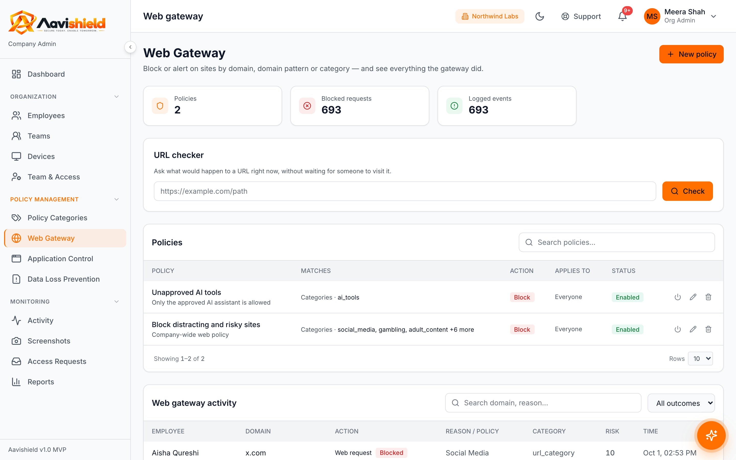 Web gateway policies and blocked request counts in the Aavishield console